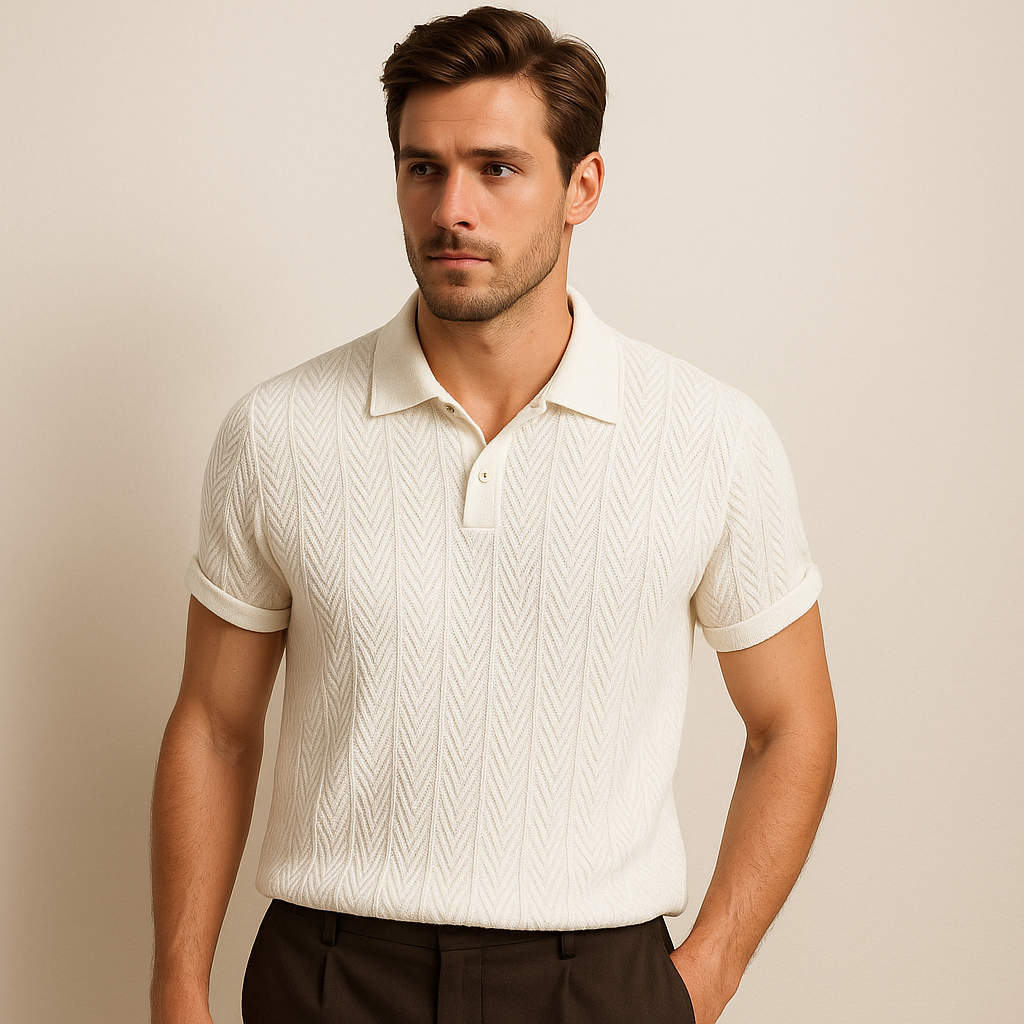 Beau | Men's Textured Polo Shirt Cream Short Sleeve