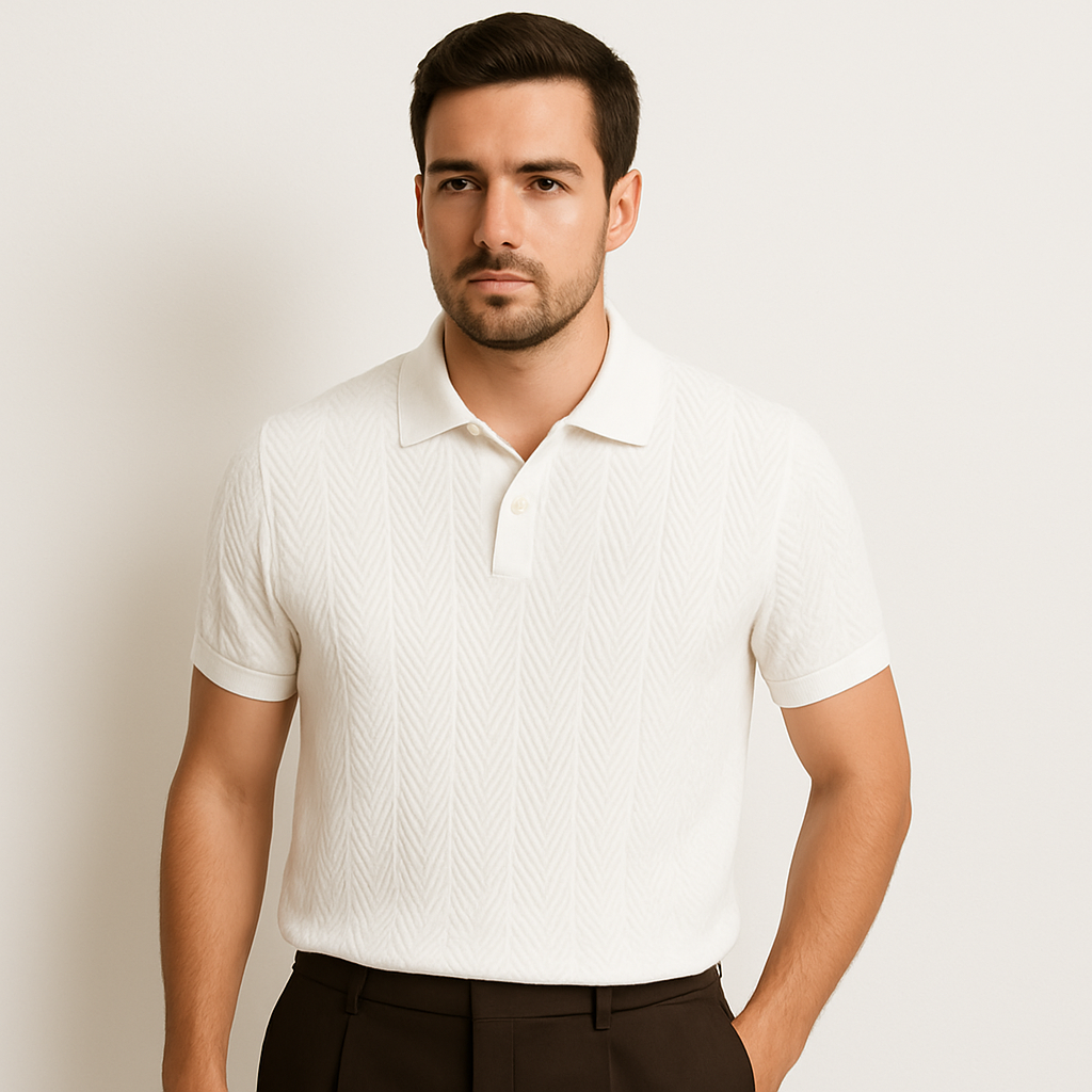 Beau | Men's Textured Polo Shirt Cream Short Sleeve