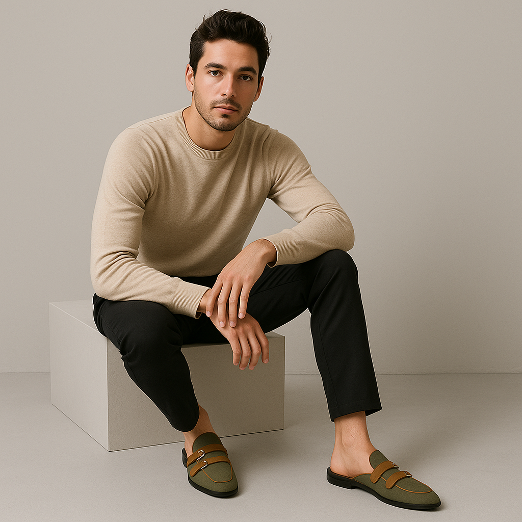 Marco | Men's Slip On Loafer White Canvas Brown Buckle