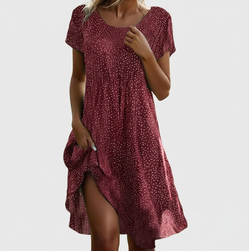 Isla | Women's Casual Polka Dot Midi Dress Burgundy Short Sleeve