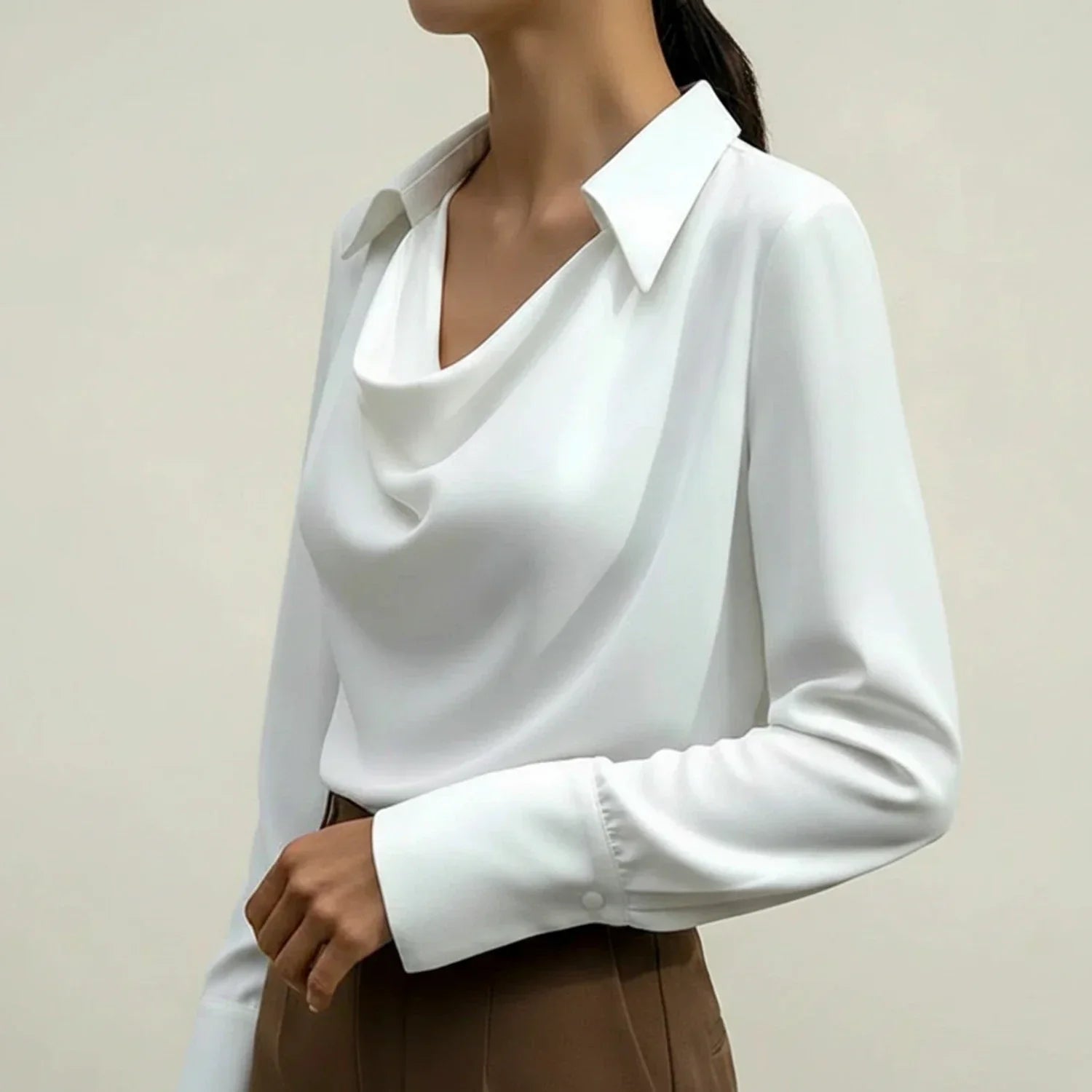Margot | Women's Satin Cowl Neck Blouse Cream Long Sleeve