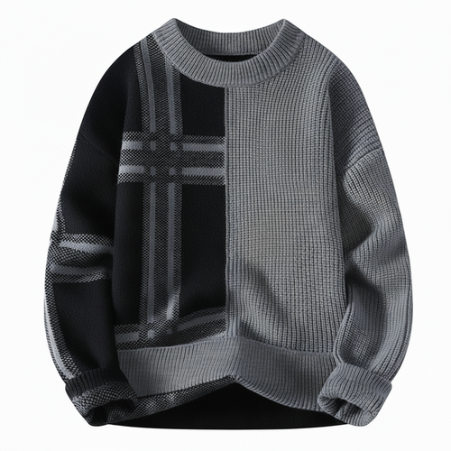 Dama Washington Axel men's color block plaid crew neck sweater gray black - front view