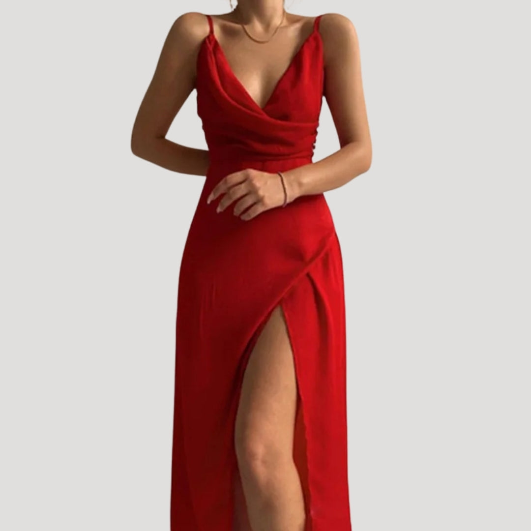 Vera | Women's Wrap Maxi Dress Red V Neck Slit