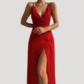 Dama Washington Vera women's wrap maxi dress red v neck slit - front view