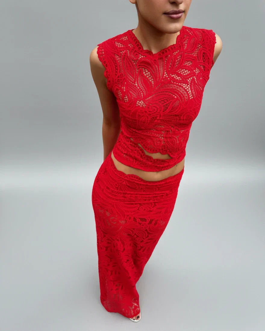 Vera | Women's Lace Two Piece Set Red Sleeveless Cutout