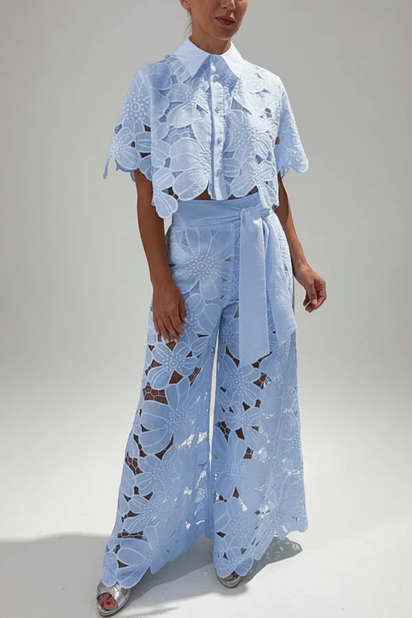 Esme | Women's Wide Leg Pants Cream Lace Cutout