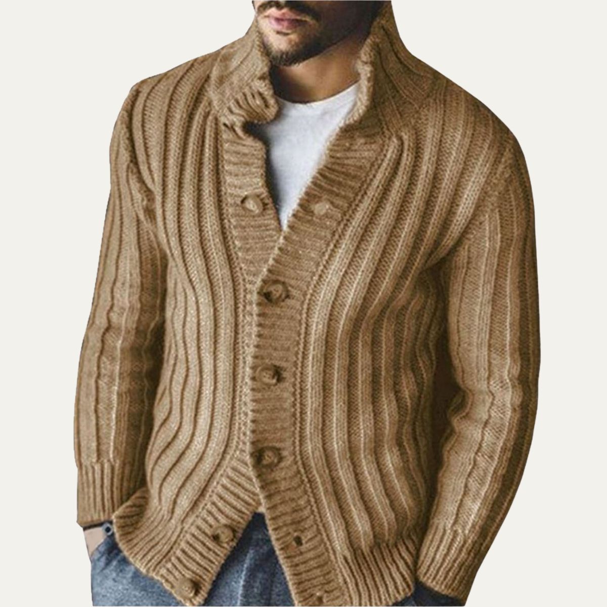 Bram | Men's Ribbed Button Front Cardigan Camel