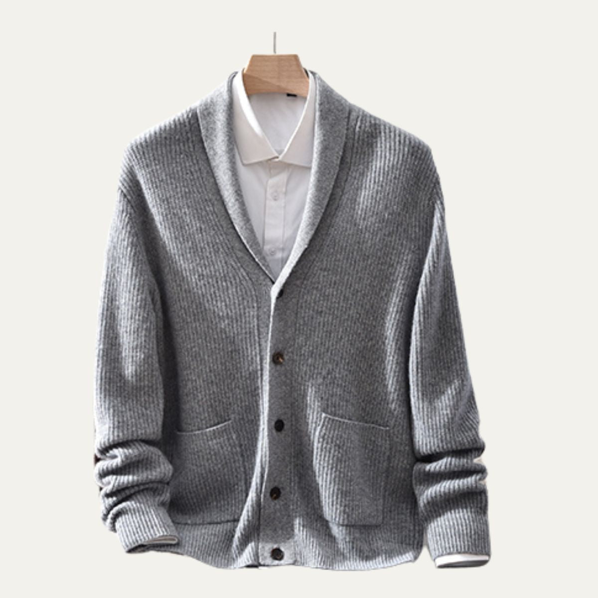 Axel | Men's Cream Ribbed Cardigan Sweater Button Up Pockets