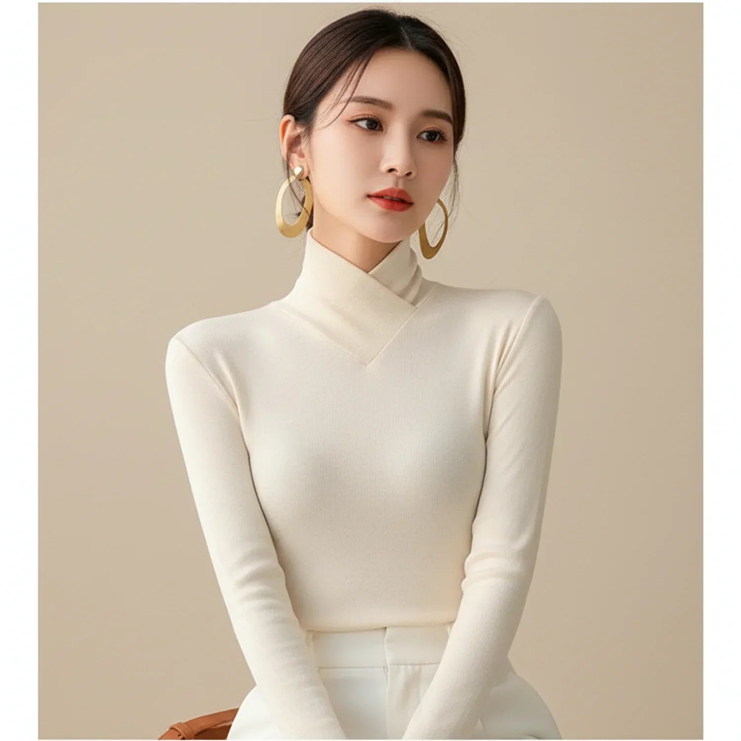 Vera | Women's Turtleneck Sweater Brown Fitted Ribbed