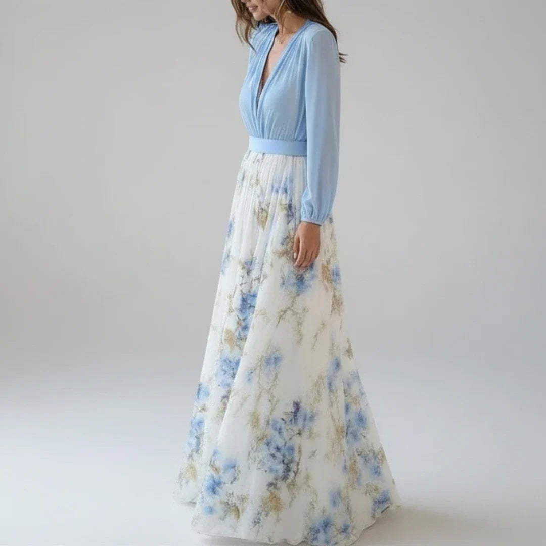 Rosa | Women's Floral Maxi Dress Long Sleeve Light Blue Cream