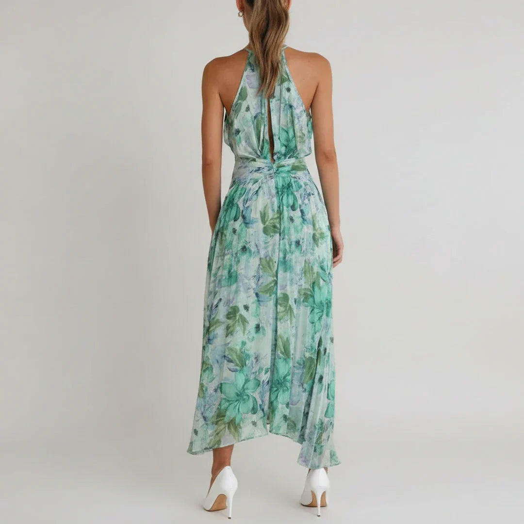Nola | Women's Floral Halter Maxi Dress Green Light Blue
