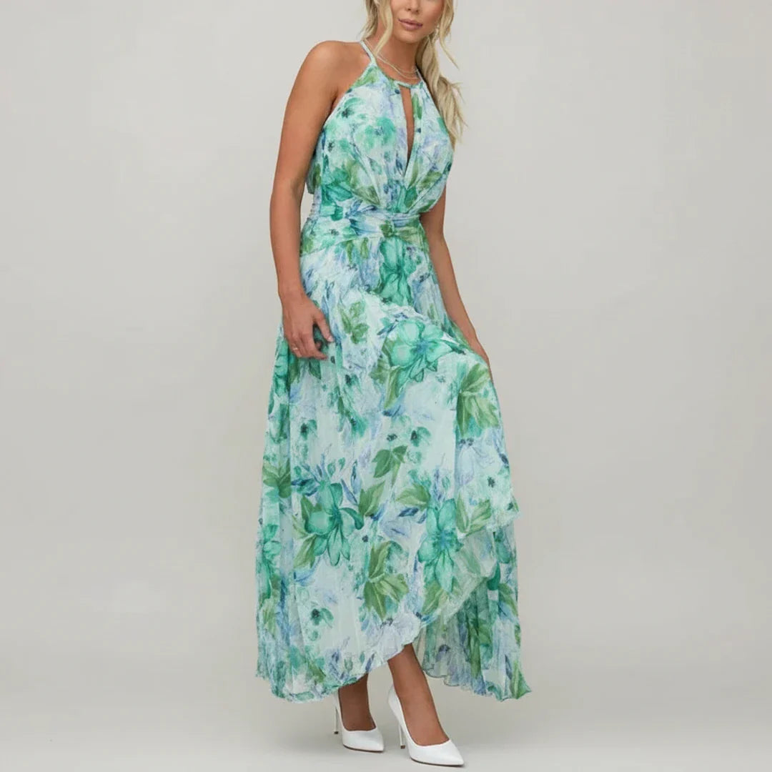 Nola | Women's Floral Halter Maxi Dress Green Light Blue