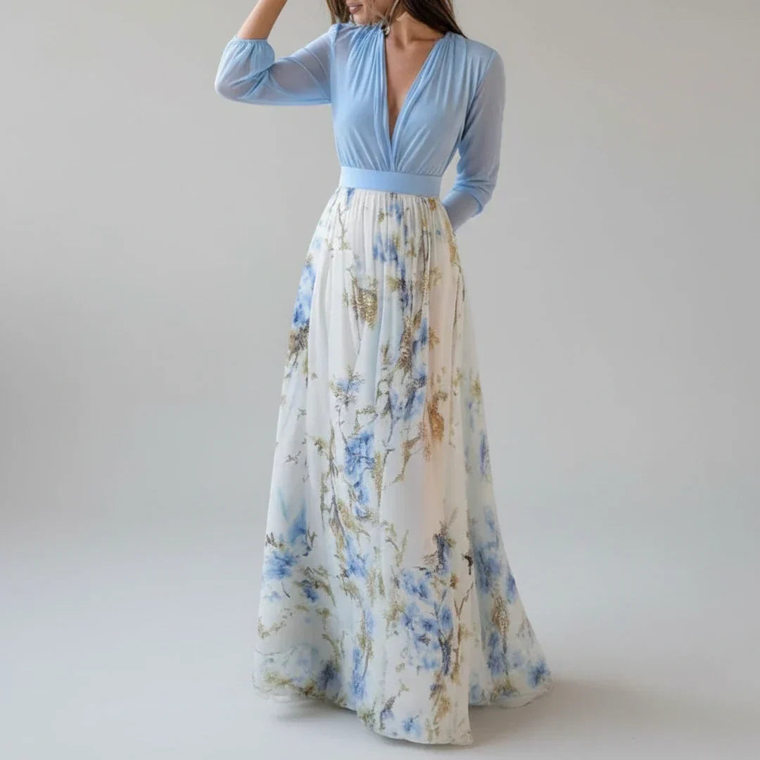 Rosa | Women's Floral Maxi Dress Long Sleeve Light Blue Cream