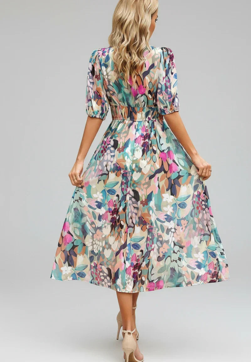 Lena | Women's Floral Maxi Dress Puff Sleeve Cream