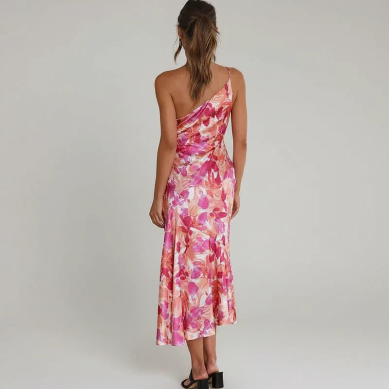 Nina | Women's Floral Midi Dress One Shoulder Pink
