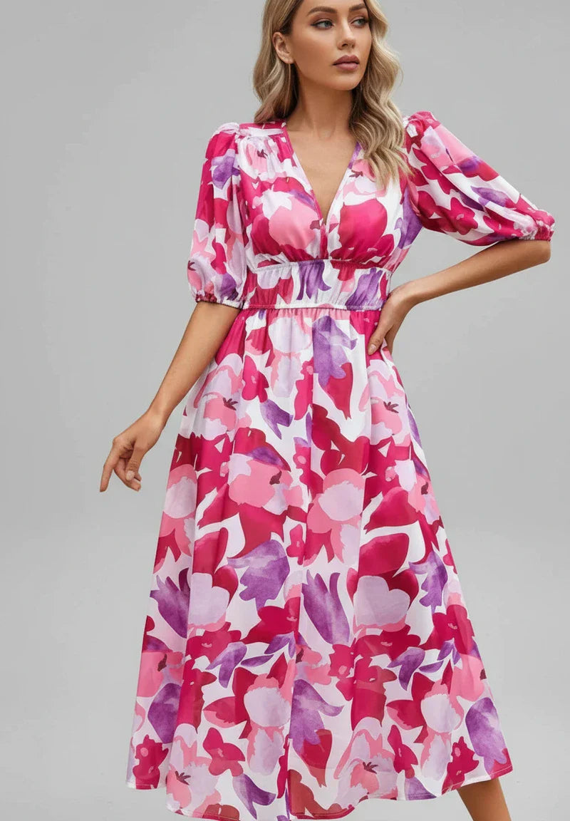 Lena | Women's Floral Maxi Dress Puff Sleeve Cream