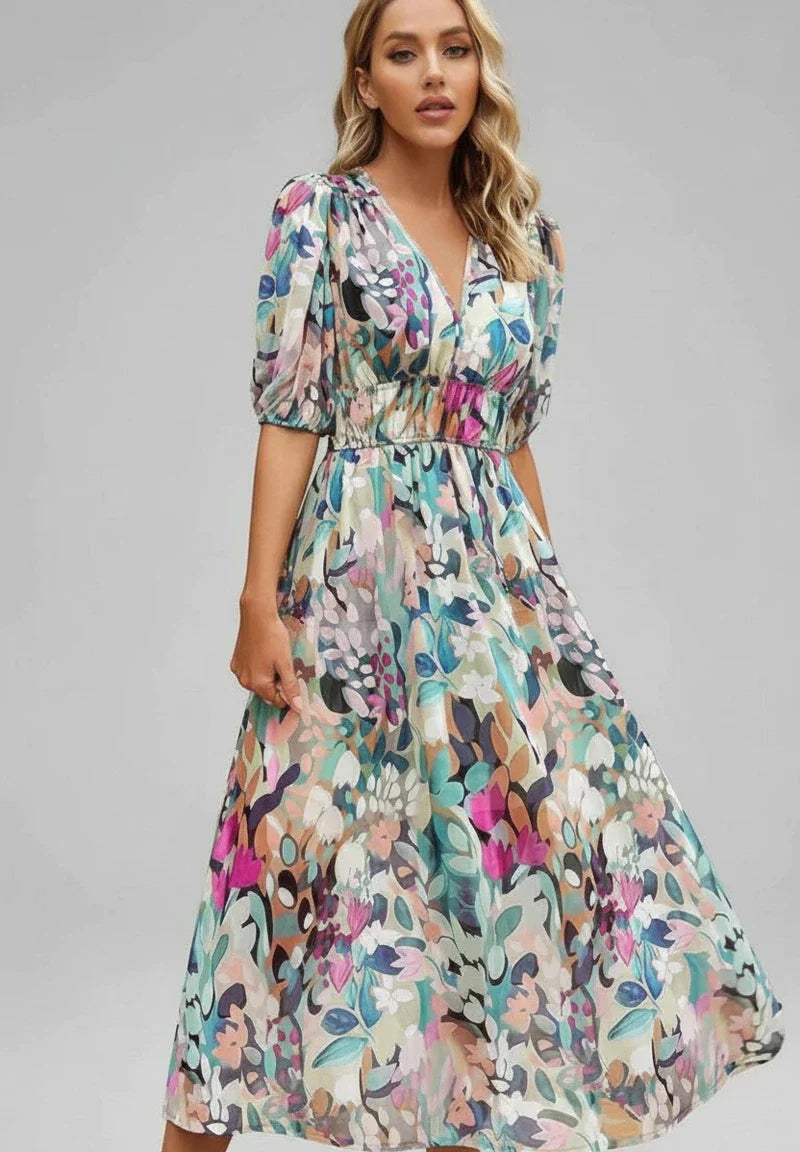 Lena | Women's Floral Maxi Dress Puff Sleeve Cream