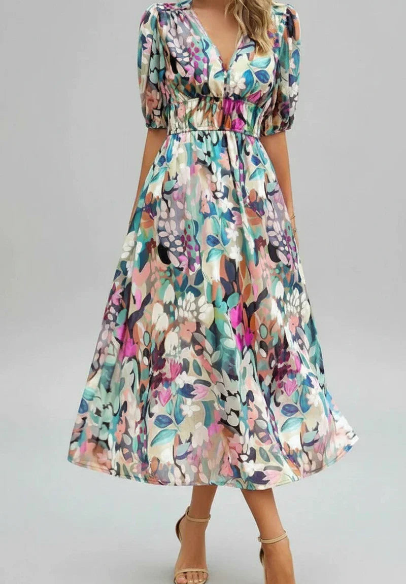 Lena | Women's Floral Maxi Dress Puff Sleeve Cream