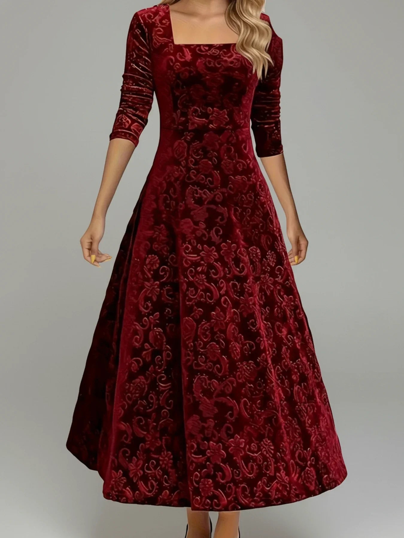 Nola | Women's Velvet Maxi Dress Square Neck Burgundy