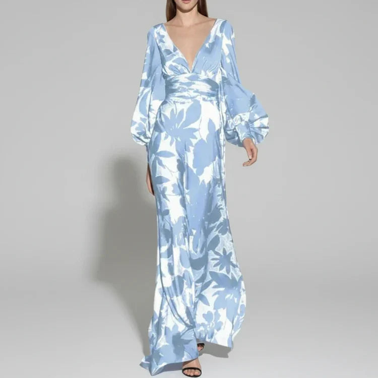 Vera | Women's Floral Maxi Dress Long Sleeve Light Blue