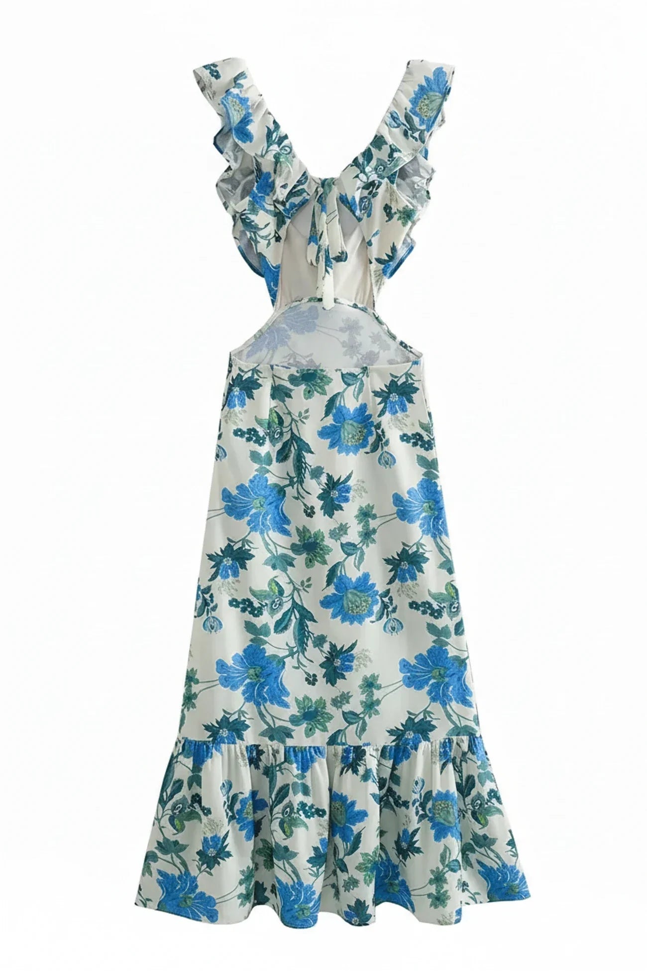 Rosa | Women's Floral Maxi Dress Ruffled Puff Sleeve Cream Blue