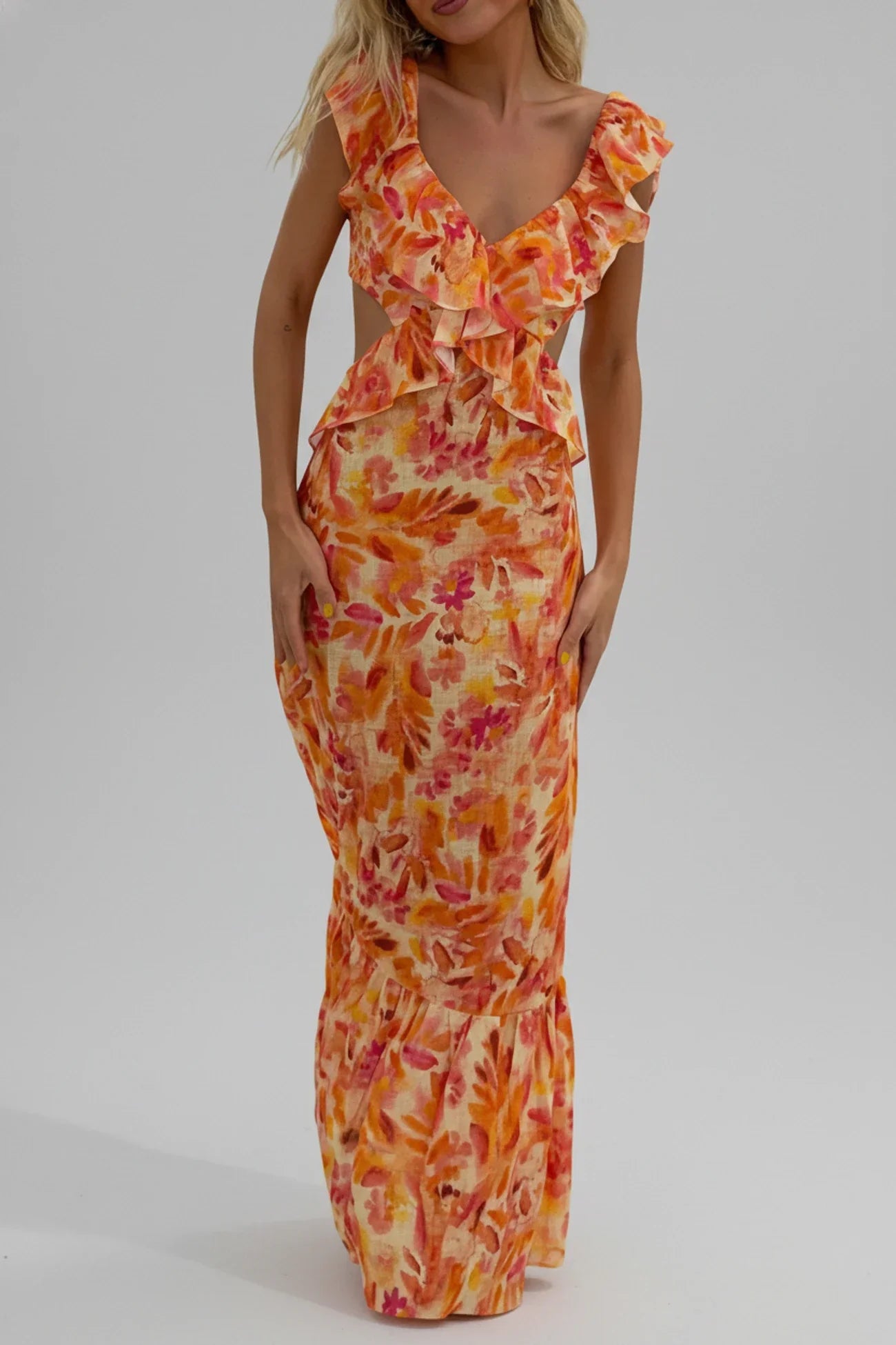 Rosa | Women's Floral Maxi Dress Ruffled Puff Sleeve Cream Blue