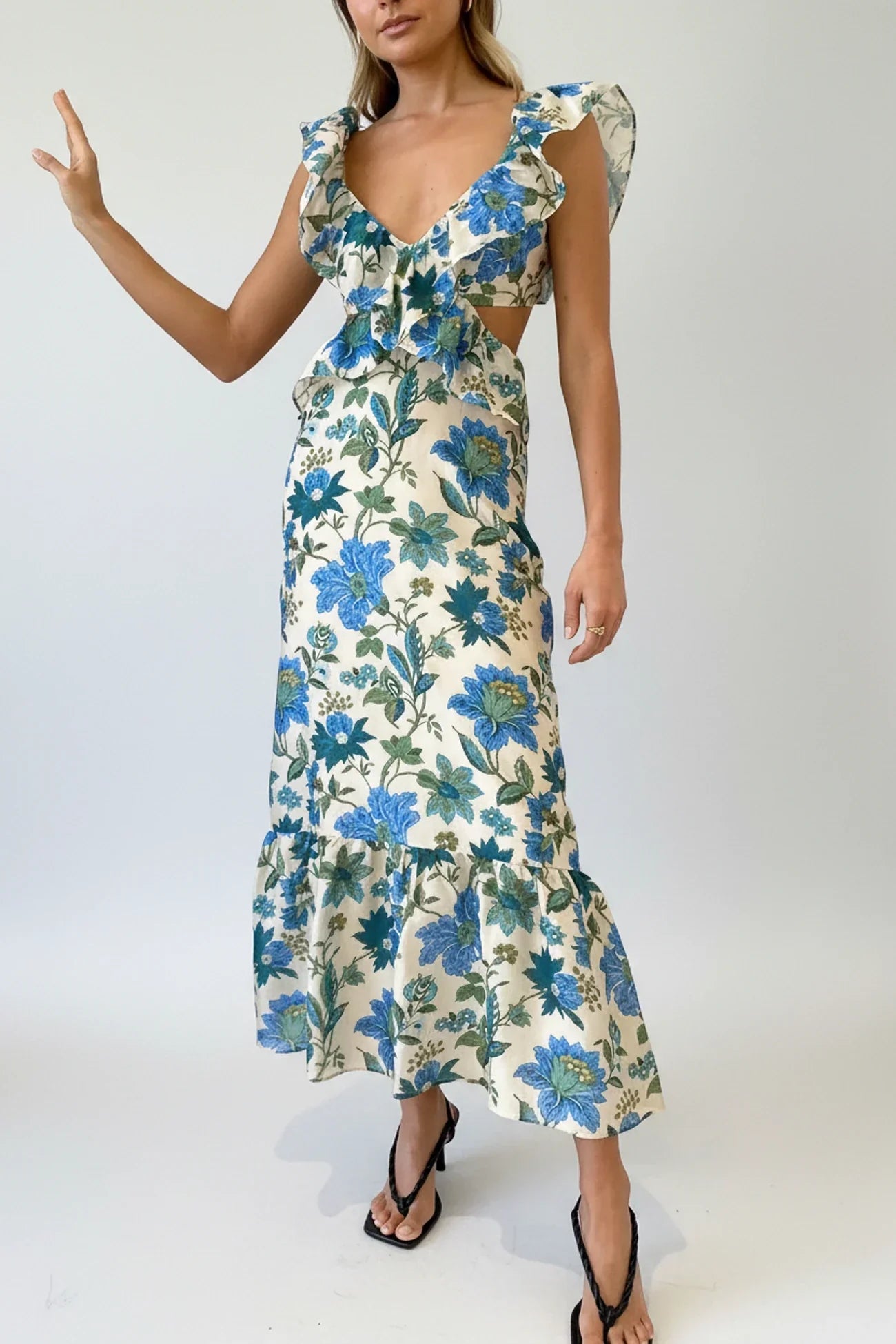 Rosa | Women's Floral Maxi Dress Ruffled Puff Sleeve Cream Blue