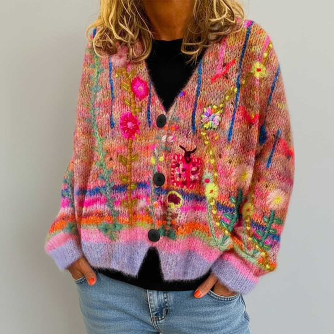 Thea | Women's Floral Knit Cardigan Multicolor V Neck Button