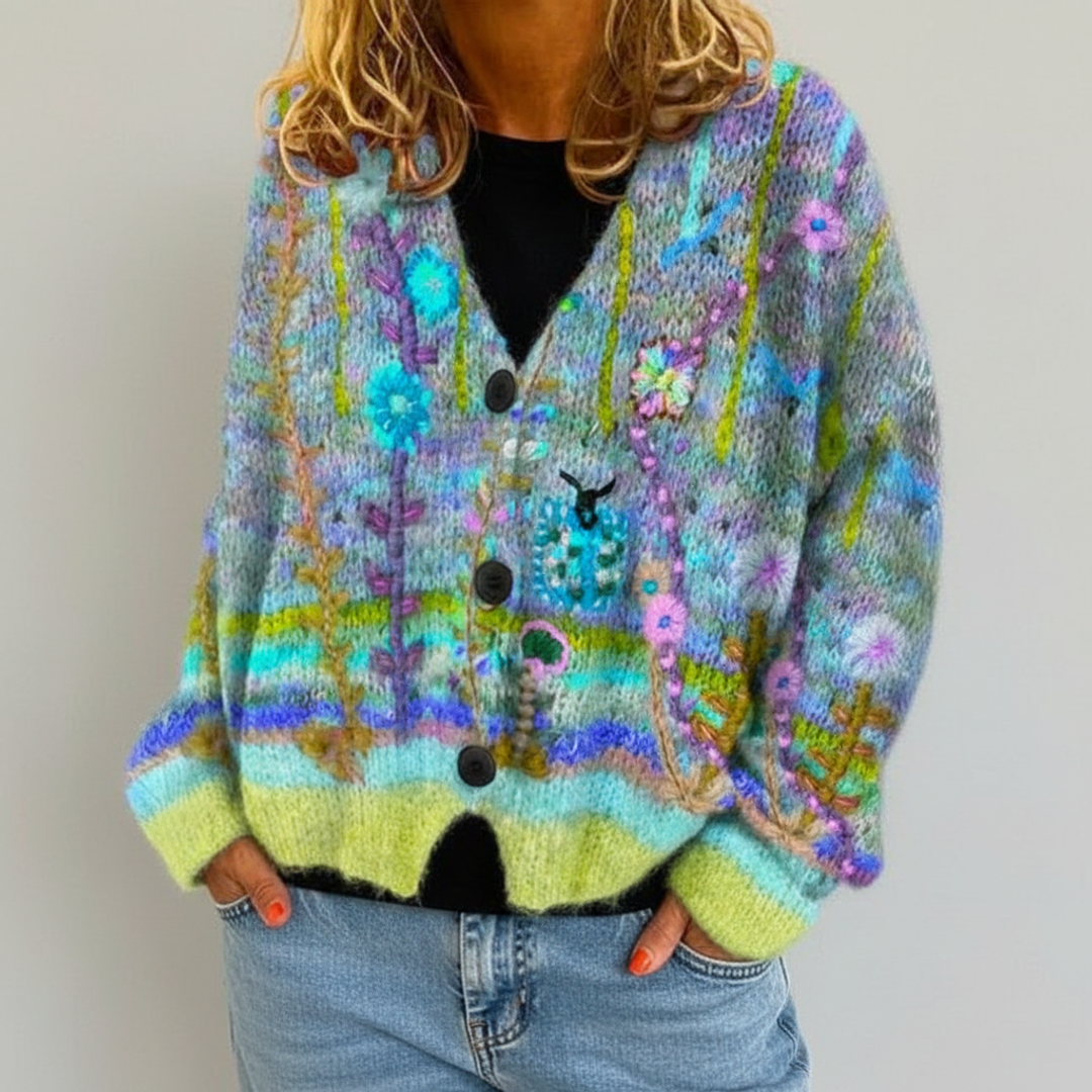 Thea | Women's Floral Knit Cardigan Multicolor V Neck Button