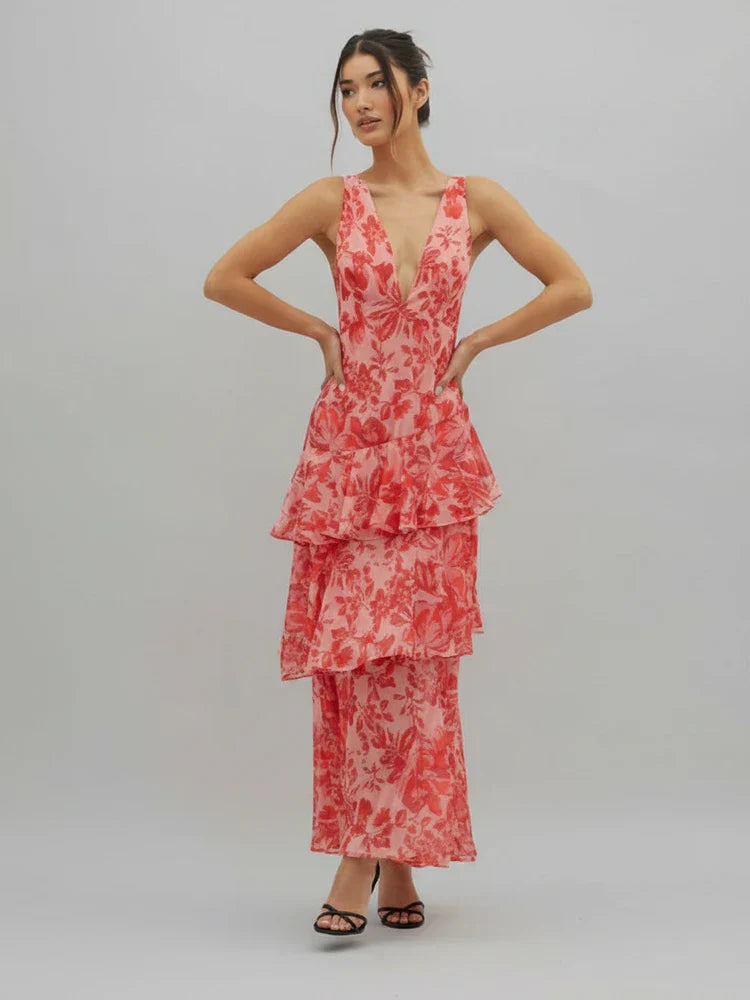 Viola | Women's Floral Maxi Dress Red Tiered Ruffle