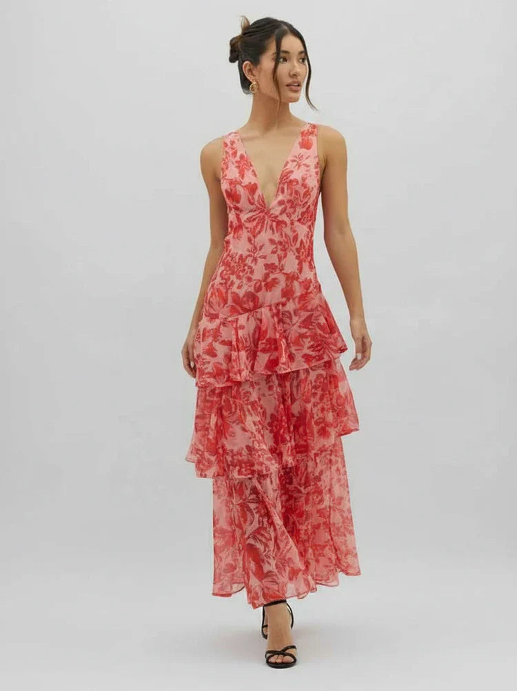 Viola | Women's Floral Maxi Dress Red Tiered Ruffle