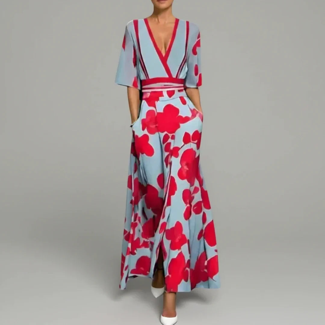 Rue | Women's Floral Maxi Dress Light Blue Red Half Sleeve