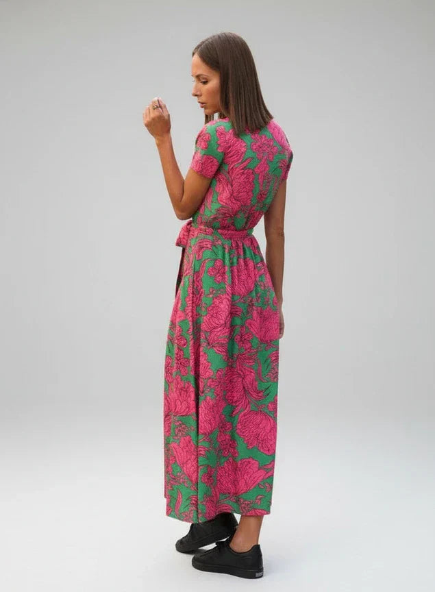 Rosa | Women's Floral Wrap Midi Dress Pink Green