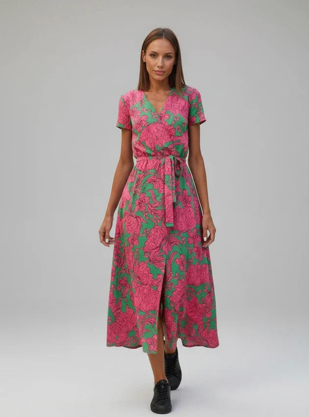 Rosa | Women's Floral Wrap Midi Dress Pink Green