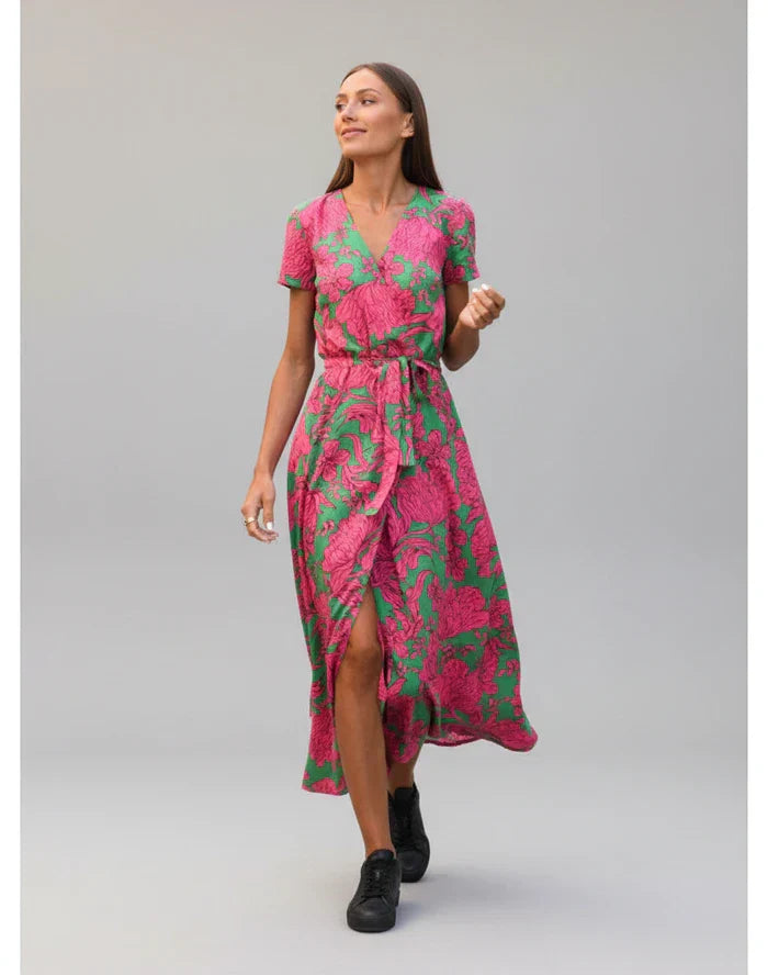 Rosa | Women's Floral Wrap Midi Dress Pink Green