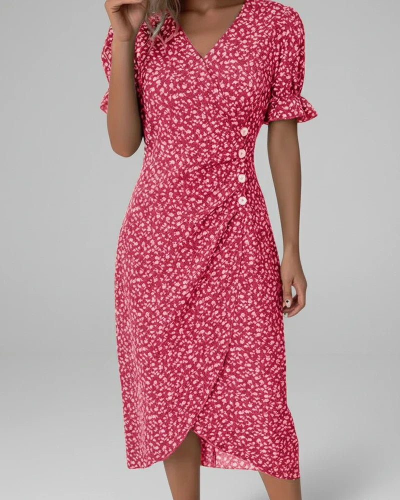 Mia | Women's Floral Midi Dress Green Puff Sleeve Wrap