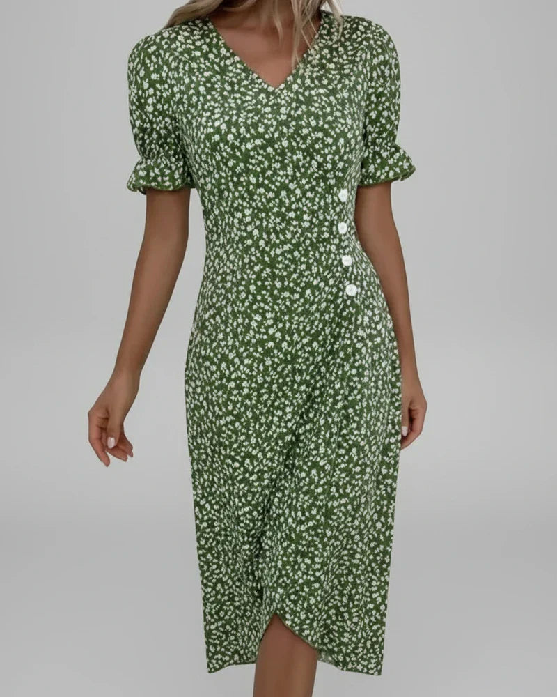 Mia | Women's Floral Midi Dress Green Puff Sleeve Wrap