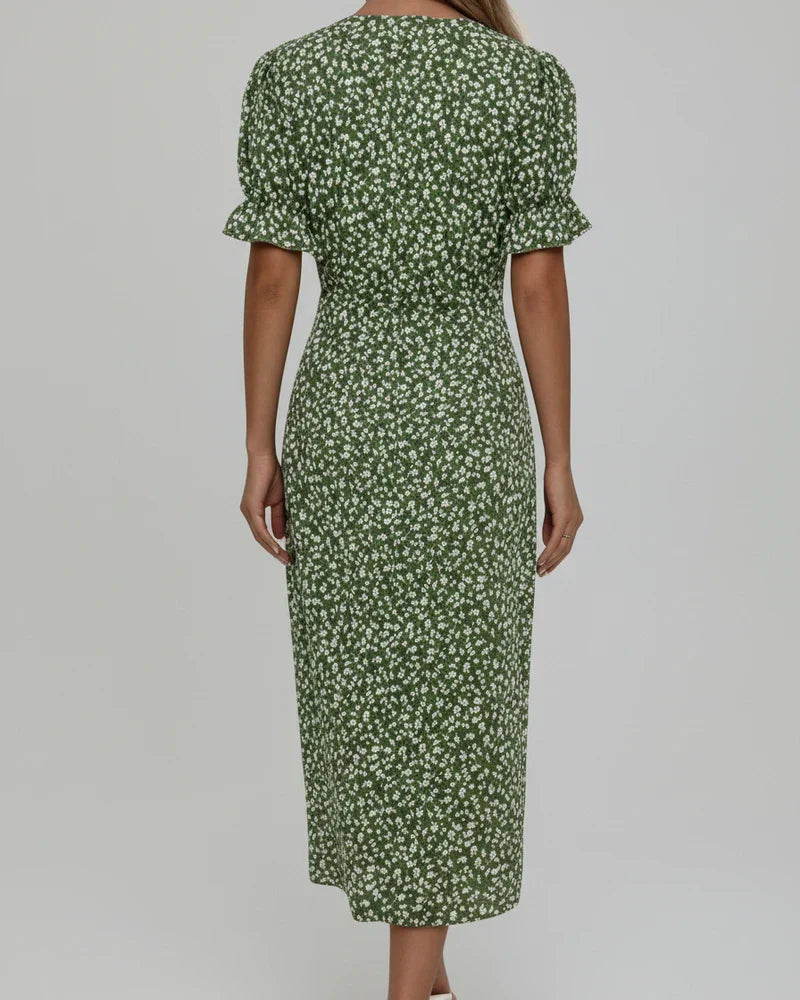 Mia | Women's Floral Midi Dress Green Puff Sleeve Wrap