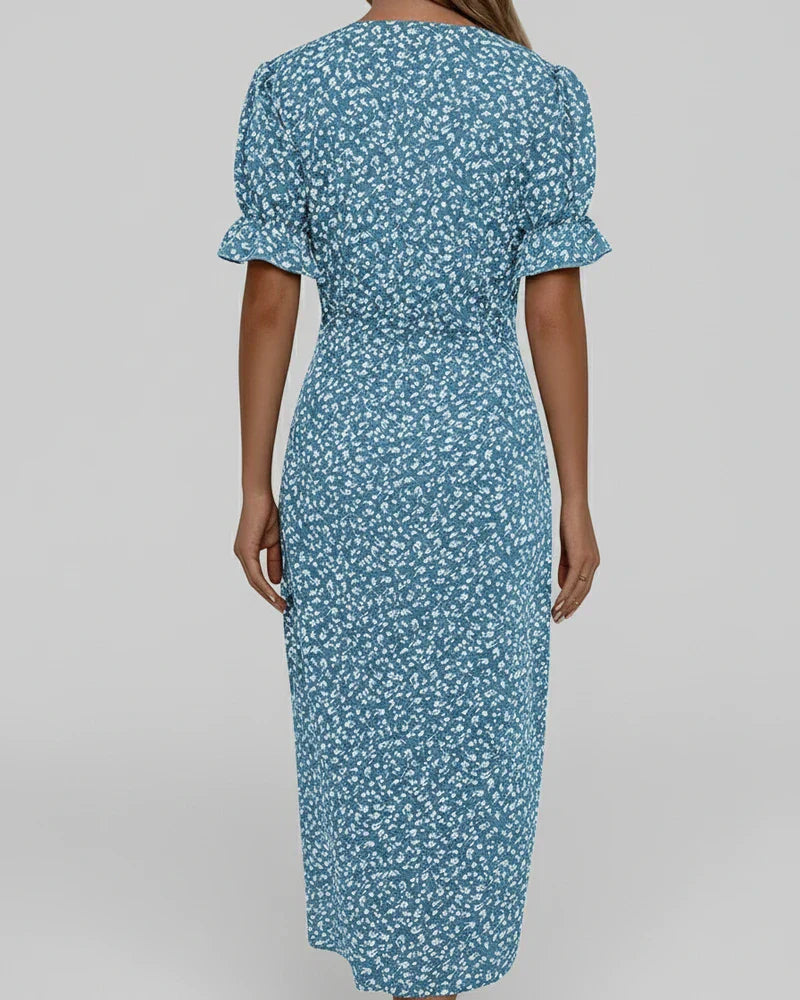 Mia | Women's Floral Midi Dress Green Puff Sleeve Wrap