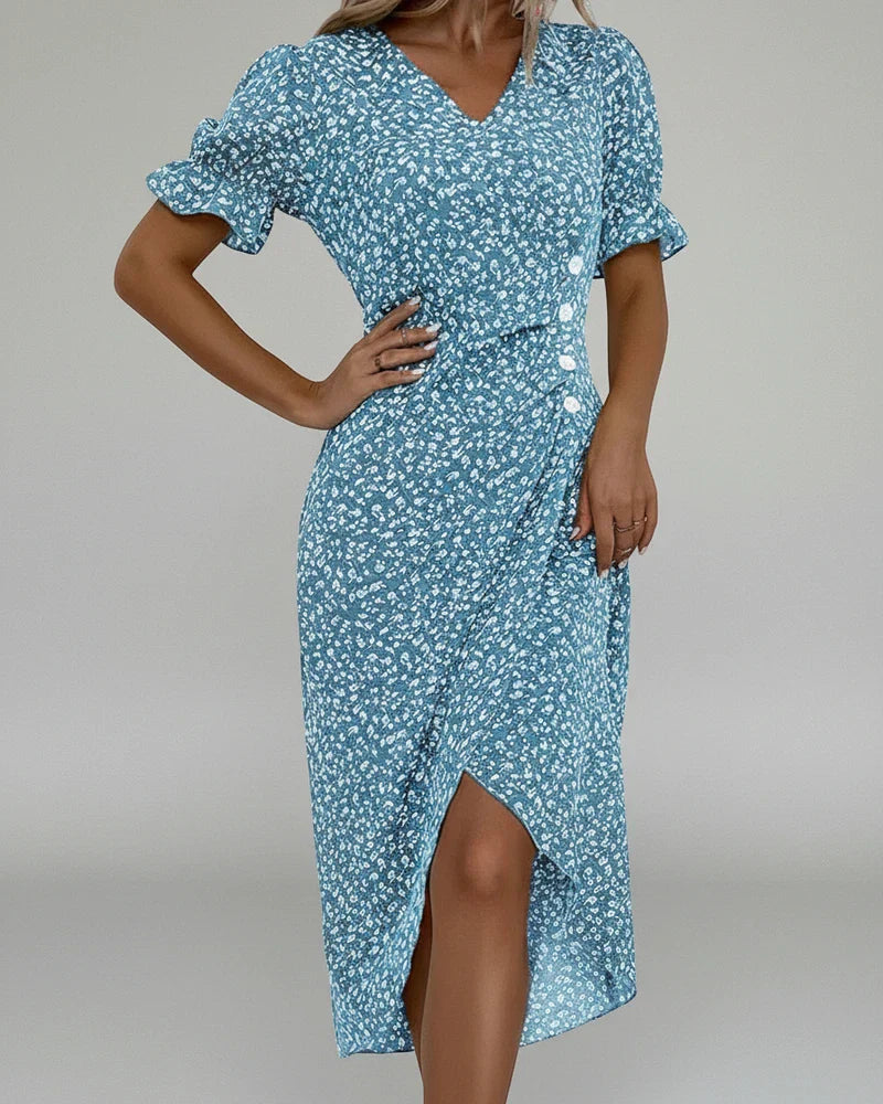 Mia | Women's Floral Midi Dress Green Puff Sleeve Wrap