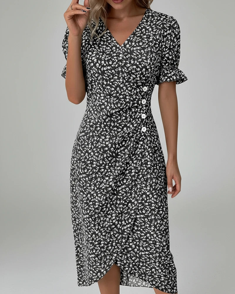 Mia | Women's Floral Midi Dress Green Puff Sleeve Wrap