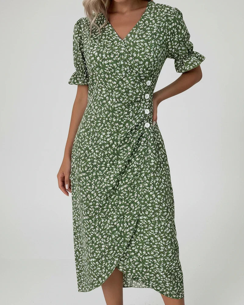 Mia | Women's Floral Midi Dress Green Puff Sleeve Wrap