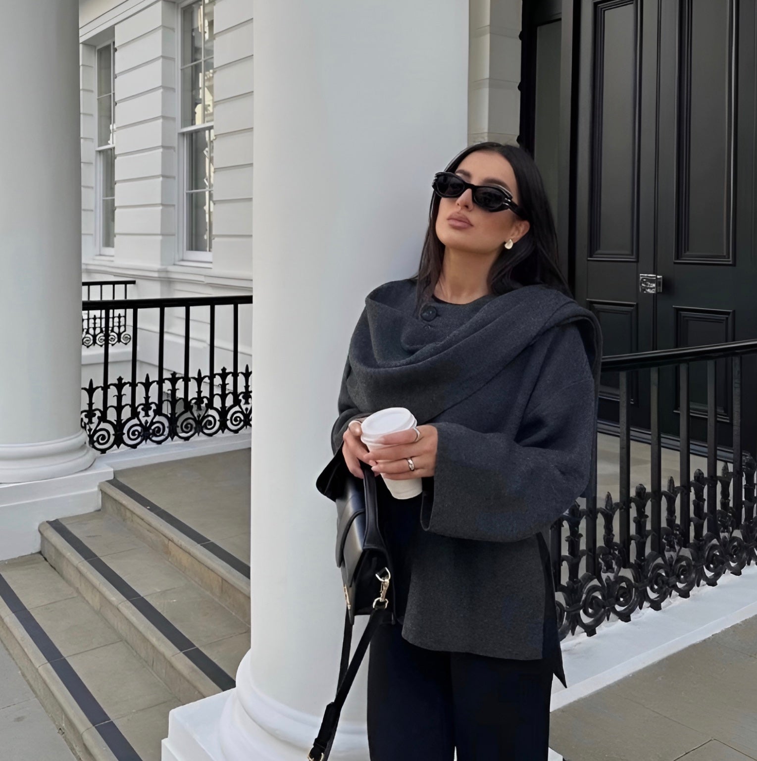 Ada | Women's Wool Cowl Neck Cape Black Long Sleeve