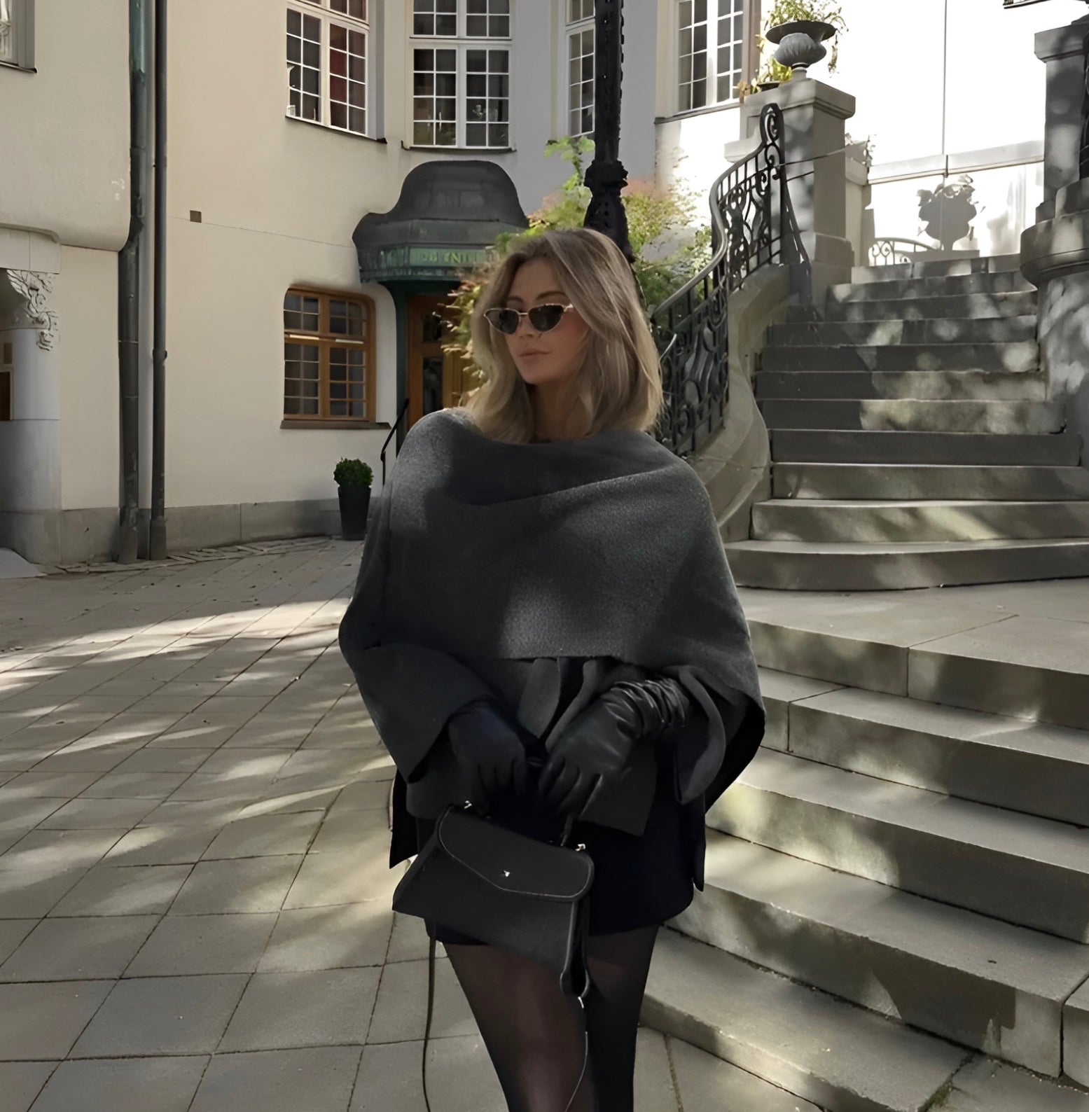 Ada | Women's Wool Cowl Neck Cape Black Long Sleeve