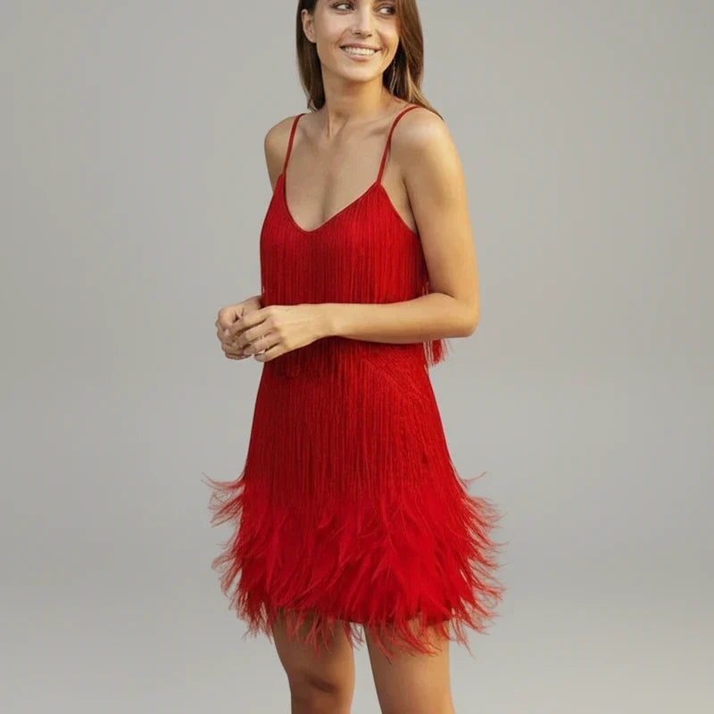 Faye | Women's Sequin Fringe Mini Dress Cream V Neck