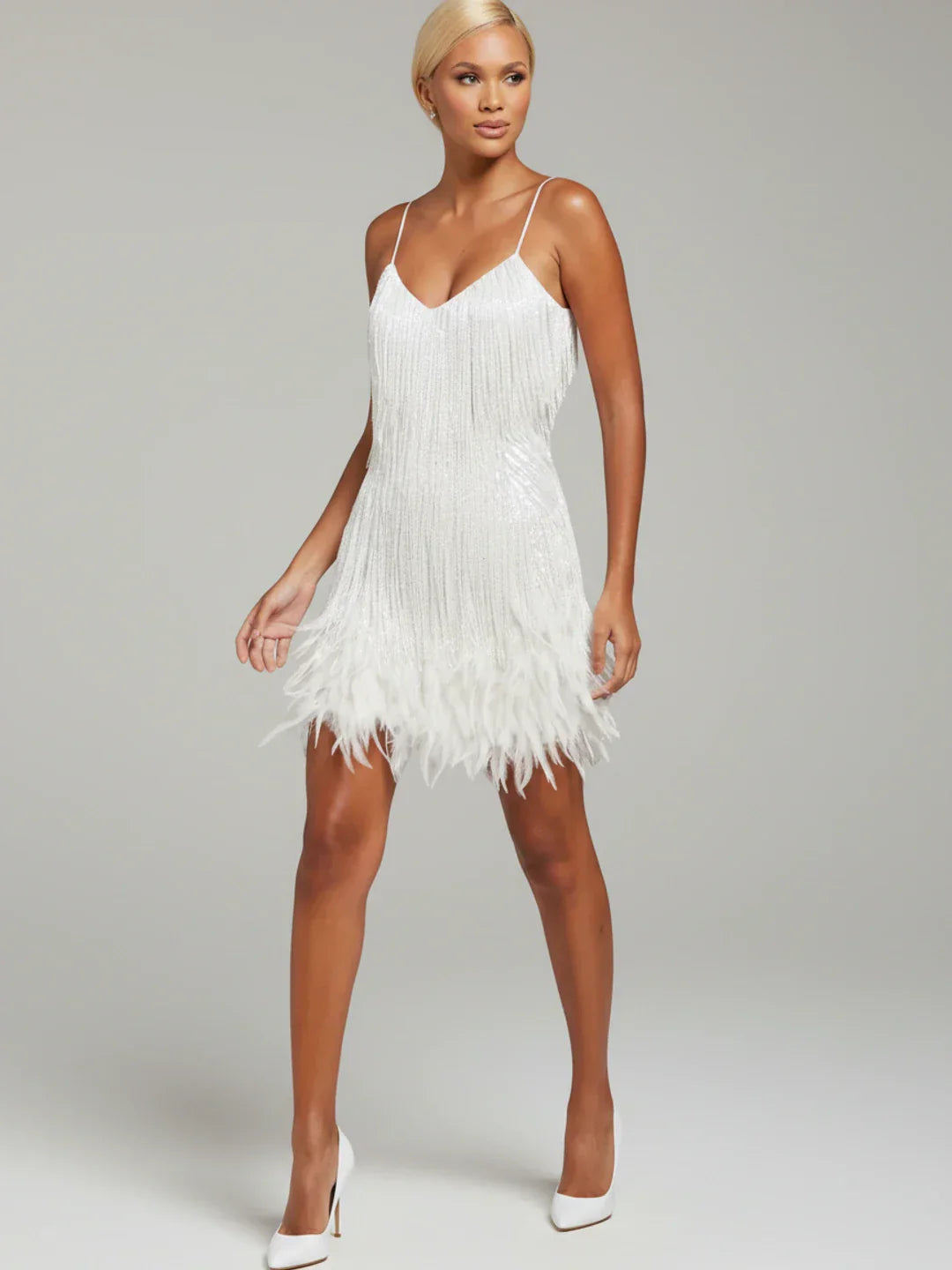 Ada | Women's Fringe Cocktail Dress Mini Cream V Neck
