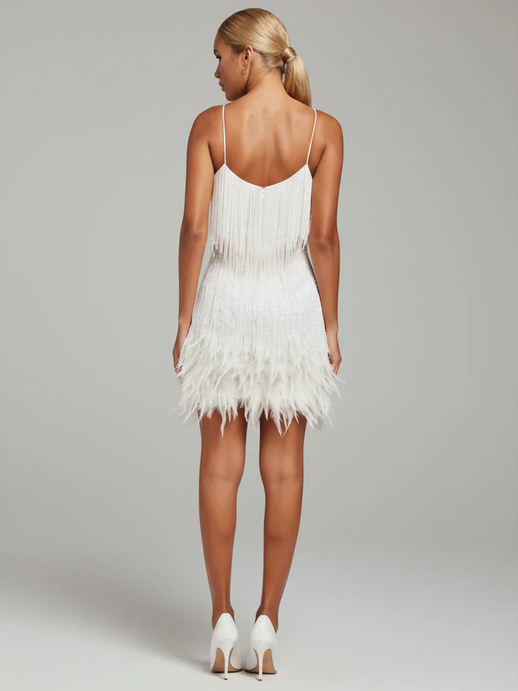 Dama Washington Ada women's fringe cocktail dress mini cream v neck - view 9