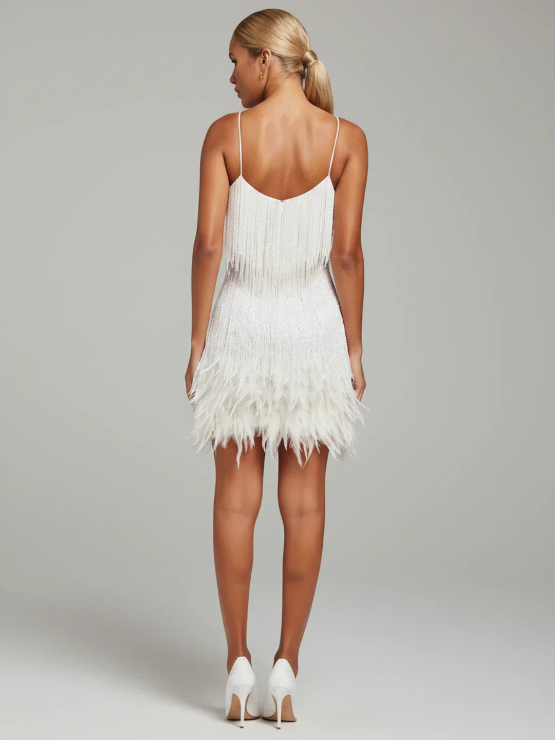 Ada | Women's Fringe Cocktail Dress Mini Cream V Neck