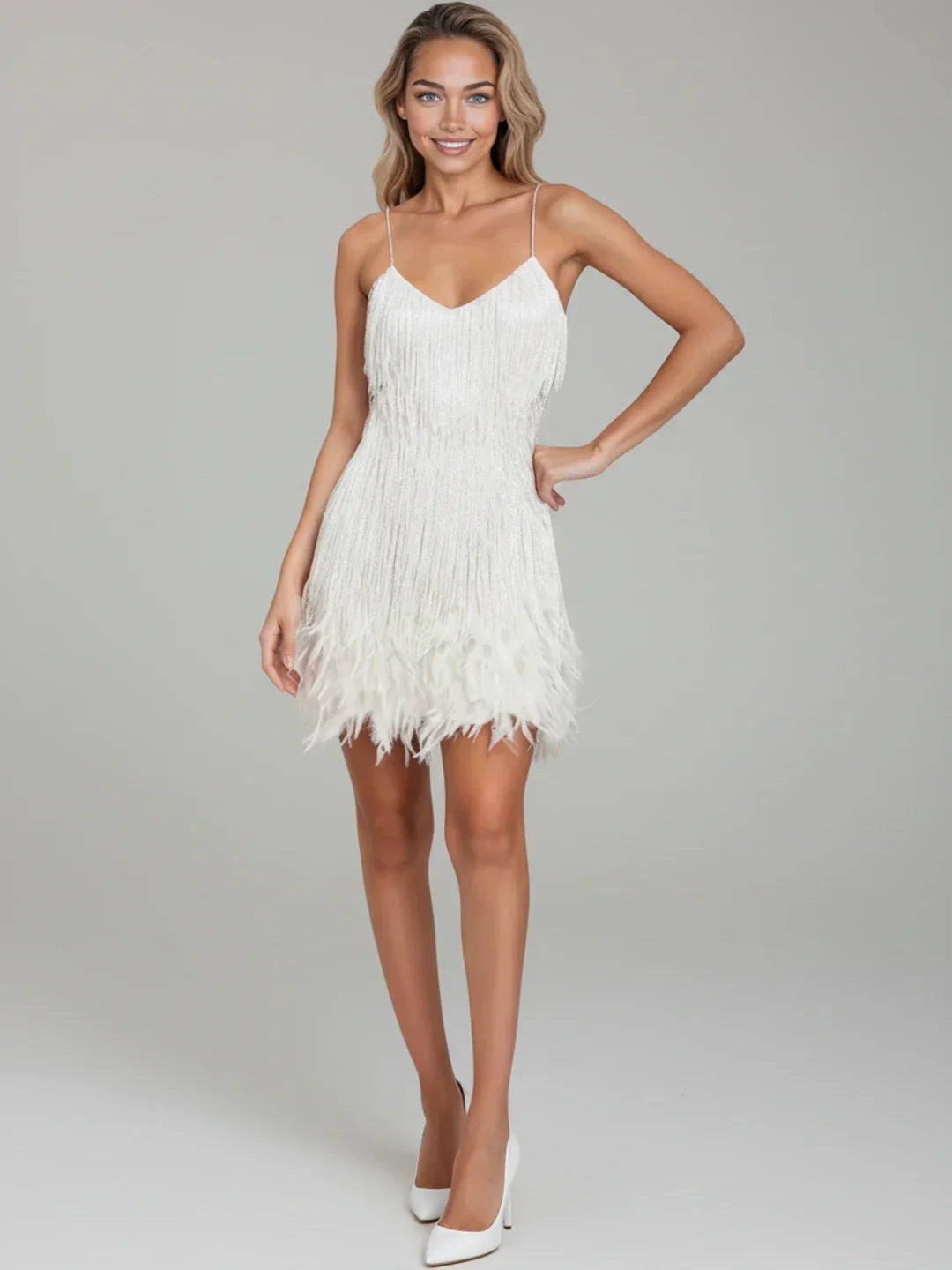 Ada | Women's Fringe Cocktail Dress Mini Cream V Neck