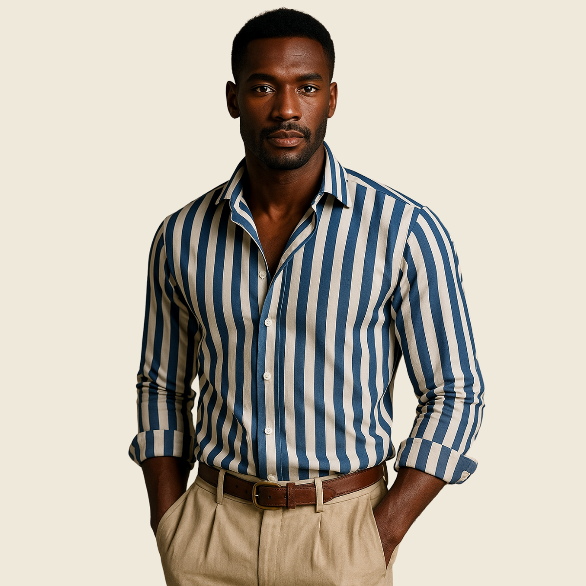 Camille | Men's Striped Linen Shirt Long Sleeve Blue Cream